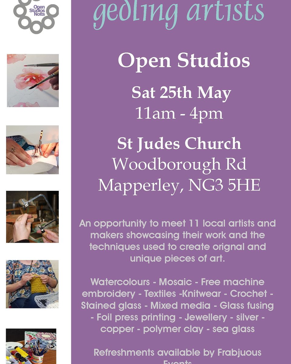 GedlingArtists's tweet photo. We are back for @OSNotts this year with 11 artists at St Judes Church, Mapperley on Sat 25th May 2019 along with @frabjousevents keeping us all topped up with cake and refreshments. Hope to see you there.
@WildgooseDesign @TwistingSilver  @mcewanglass #nottingham #mapperley #art https://t.co/oENu66isjV