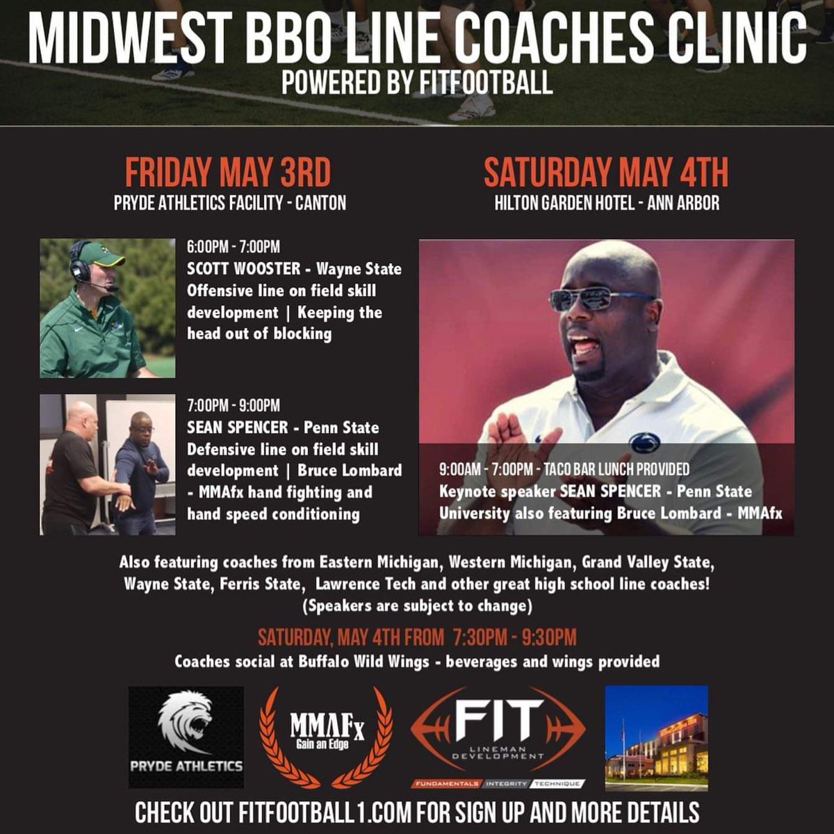 MMAFx enjoyed a great wknd at the inaugural Midwest DLine & OLine Football Coaches Clinic. Impressive energy & knowledge shared by many great Coaches. Can't wait to see what @FITfootballLLC can do to top this in the coming years! #football #footballclinic #coaches #dline #oline