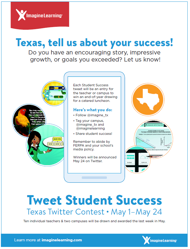 Imagine Math is having a Twitter Competition. Tweet out your success stories from this year, tag your campus, <a href="/imagine_tx/">ImagineTX</a>, <a href="/ImagineLearning/">Imagine Learning</a>, and <a href="/MisseyChavez/">MisseyChavez</a> to be entered to win a catered lunch for you and your fellow colleagues! Tweet no later than May 24th. #nisdelmath