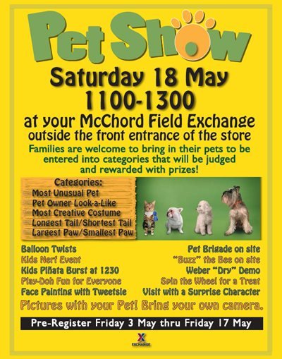 Families at #JBLM are invited to bring their pets to compete in the Pet Show at the McChord Field Exchange May 18. Preregistation is required, so swing by the Exchange to sign up. facebook.com/events/2528771…