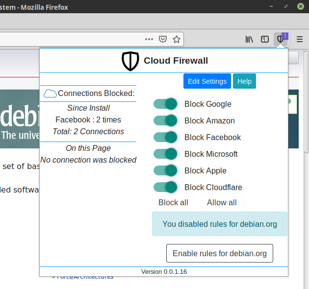 gKrishnaKS's tweet image. Sneak peek: Next version of Cloud Firewall addon will provide a new feature - a button in popup to disable global allow/block rules only on selected sites (as per users&apos; wishes).

This is a popular feature request from users and ticket #1 in issue tracker. #CloudFirewall