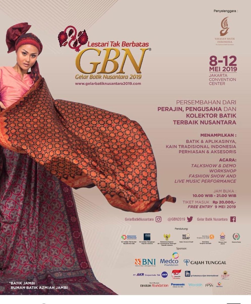 2nyonya's tweet photo. 2 hari lagi, Gelar Batik Nusantara 2019, 8-12 Mei 2019 di Jakarta Convention Center. Manjakan mata anda dengan kehadiran kain2 batik dan wastra nusantara lainnya. Sampai jumpa❤❤ #GBN #GelarBatikNusantara #batik #cintaprodukindonesia https://t.co/5t9DyIVunN