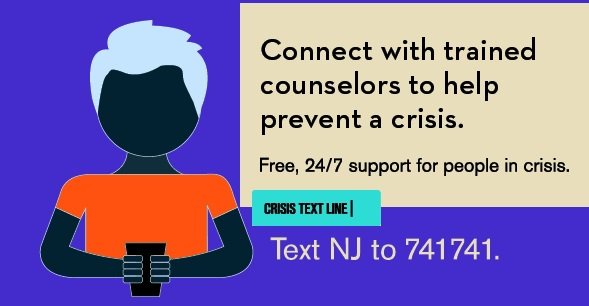 NJDCF's tweet photo. #MentalHealthMonth is about acceptance and support of others with mental health concerns, as well as crucial #SelfCare. If you are feeling overwhelmed you can reach out to the Crisis TEXTline at 741741.  Remember: #YouAreNotAlone! https://t.co/CaduuFMGJy