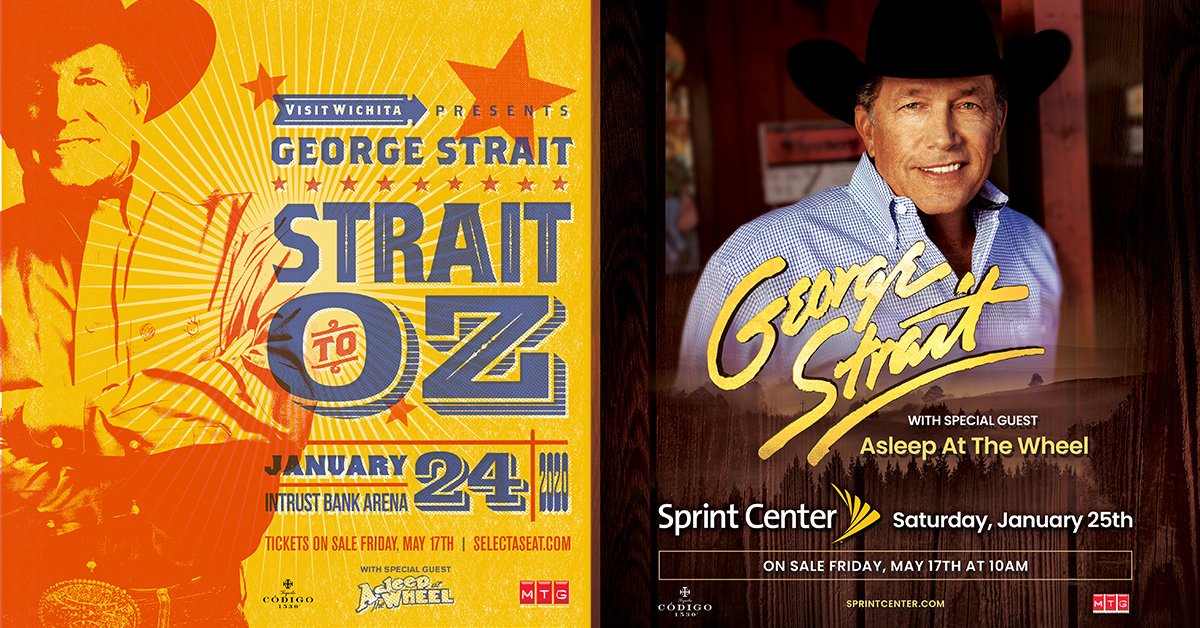 GeorgeStrait's tweet photo. Wichita &amp; Kansas City, get ready! George is heading to INTRUST Bank Arena on January 24, 2020 &amp; Sprint Center on January 25, 2020. Tickets for both shows go on sale Friday, May 17 at 10AM CDT. More info at https://t.co/4b5SQXlP2D https://t.co/l1okNePN24