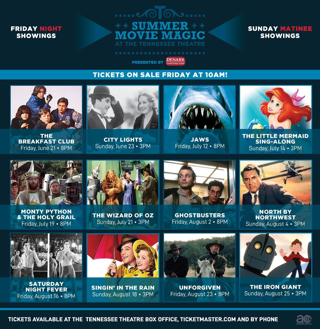 TNTheatre's tweet photo. Exciting News #Knoxville! 🎥 This year's Summer Movie Magic presented by @DenarkConst will include twelve movie titles, twice as many as in years past! Come enjoy classic films presented in a classic movie palace! Tickets on sale Friday at 10am! → https://t.co/1tEfES4CwQ https://t.co/qhzhaaYEfV