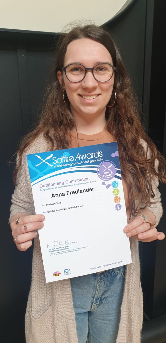 Mackintosh1868's tweet photo. We are incredibly happy to share this news! One of our fantastic volunteers, Anna, has been awarded an Outstanding Contribution Award from @SaltireAwards for her continued volunteer work with the society! Congratulations Anna! #youngvolunteers #artsvolunteer https://t.co/d01XcuqXWc
