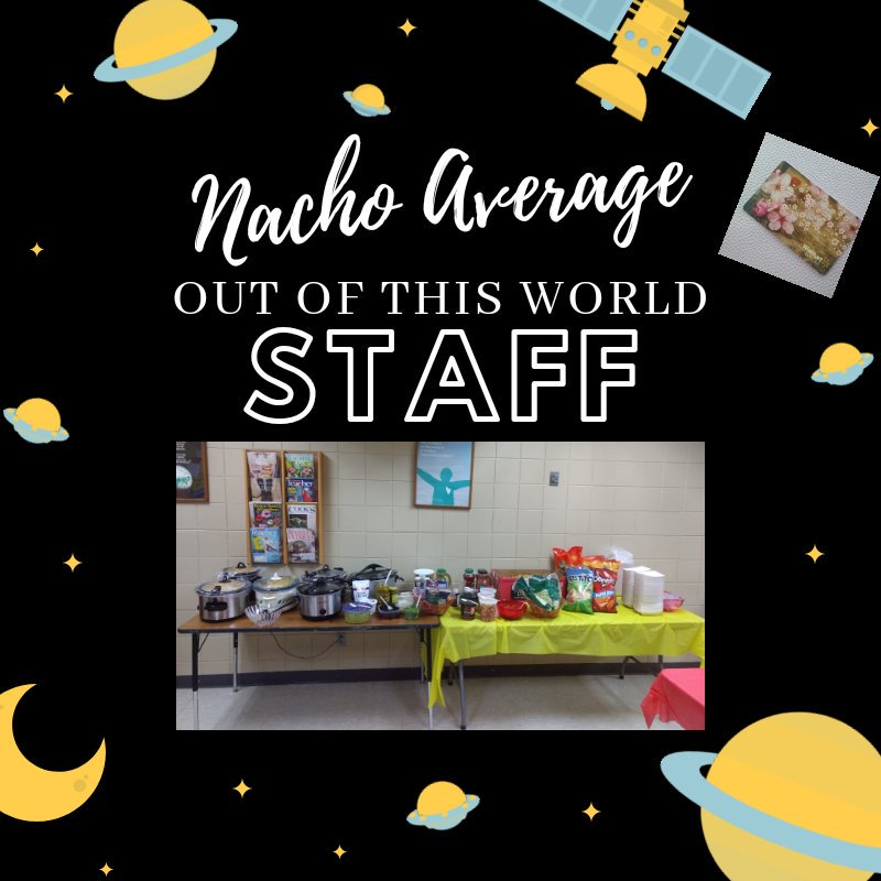 LcmsPto's tweet photo. Celebrating our 'Out of this World' Staff today at LCMS. Heather Meyer with LCMS PTO organized and set up a Nacho Bar, LCMS set up a Coca Cola Bar, and East End Walmart donated a $25 gift card. Thank you to all who provided items! #StrongerTogether #WeRLC #WhereTheJayTrailBegins https://t.co/nIM3yLTr44