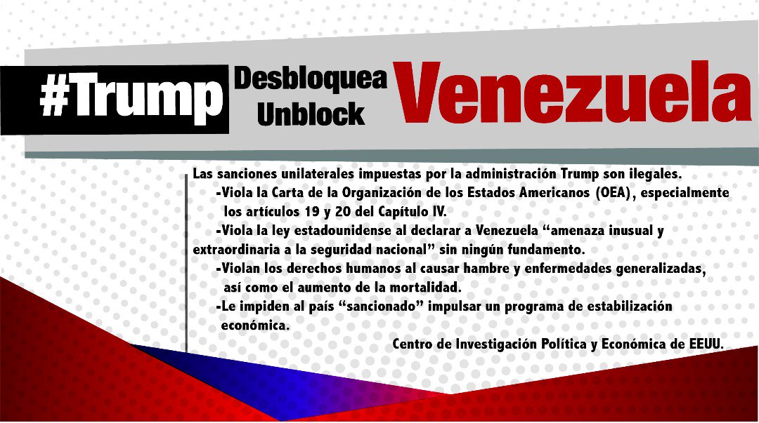 jaarreaza's tweet photo. El bloqueo o las “sanciones”de la administración Trump, son ilegales desde todo punto de vista, una violación sin precedentes del Derecho internacional y una nueva forma de guerra contra los pueblos que han decidido ser libres. 

#TrumpDesbloqueaVenezuela #TrumpUnblockVenezuela https://t.co/htG3JmYVsn
