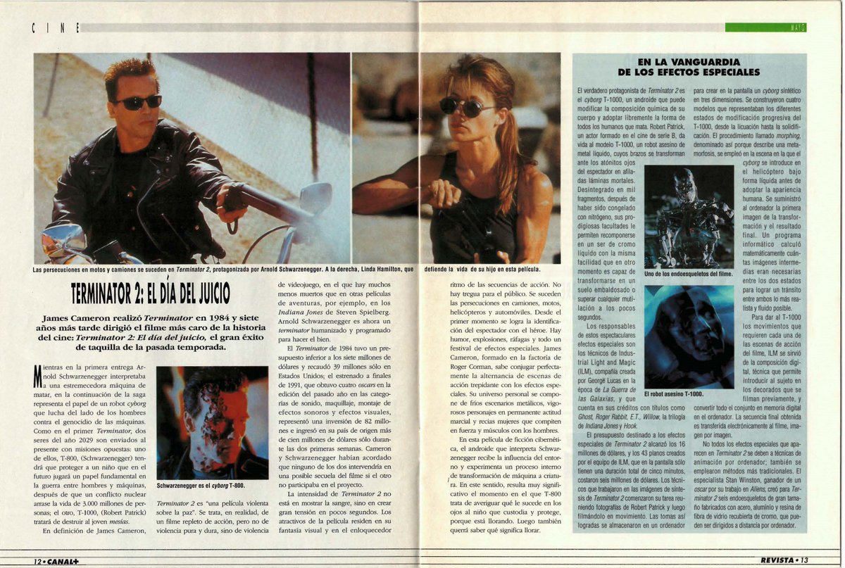 gencanalplus's tweet image. En Mayo de 1993, Canal Plus programó uno de los estrenos fuertes de la temporada, "Terminator 2" de James Cameron, un clásico inmortal y una revolución en la industria de la época sin igual. En el interior de la revista de ese mes le dedicón un amplio reportaje.