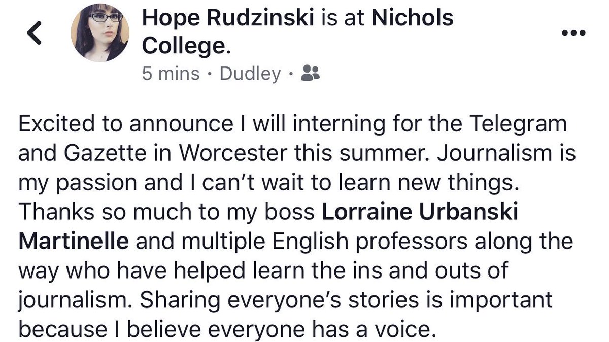 THIS. This is why I love my job — helping our students discover and develop their passions and vocations, and helping tomorrow’s #leaders and #journalists, like @Nichols_College junior @HopeRudzinski, who’ll intern this summer for @telegramdotcom. #WholeLeader #LearnLeadSucceed