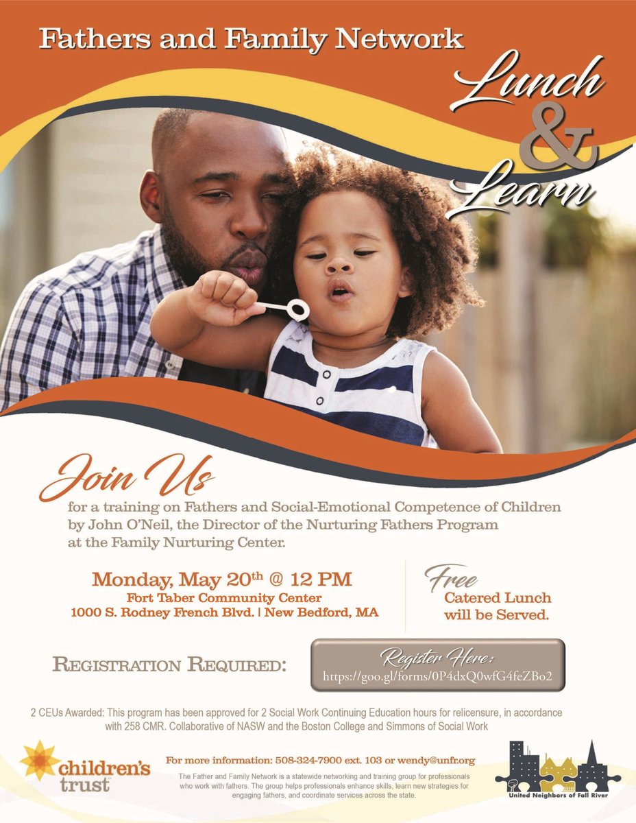 UnitedNeighbors's tweet photo. We still have room at our Fathers and Family Network Lunch and Learn on May 20th! Please register if you plan on attending at: https://t.co/G7hXGUIDKg
Please note that this will be at a different location:
Fort Taber Community Center 
1000 S. Rodney French Blvd
New Bedford, MA https://t.co/NOt8tQsWN6