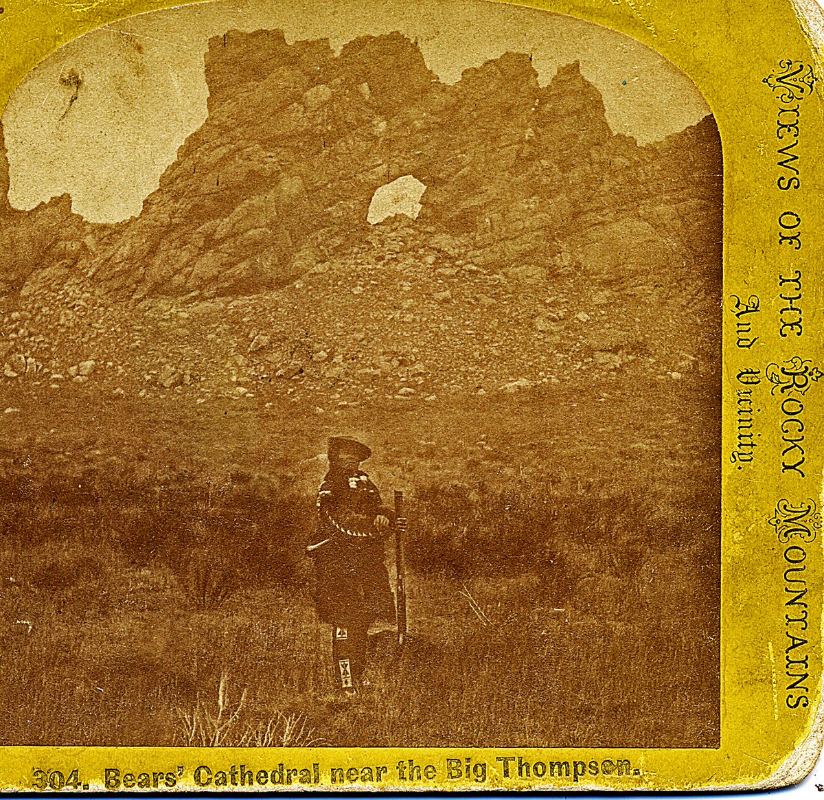 LCDNR's tweet photo. Did you know Mariano Medina claimed to be the first modern settler in the Big Thompson Valley? This image shows Medina at the Keyhole in 1866. Look closely: You'll see this area was called "Bears' Cathedral" then, not Devil's Backbone. Cool! Image courtesy of Bill Meirath #DBBOS https://t.co/hQTj0AZZcq