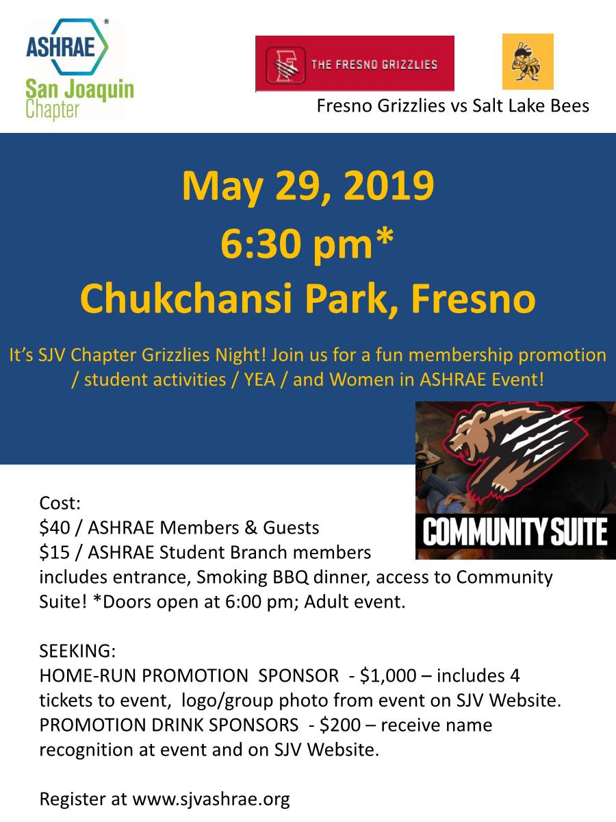 ASHRAE_sjv's tweet photo. Come watch the @FresnoGrizzlies take on the Salt Lake Bees for our YEA, #womeninashrae &amp; student night! Sign up at: https://t.co/rshCNGf0Pi https://t.co/GUWSoly29M