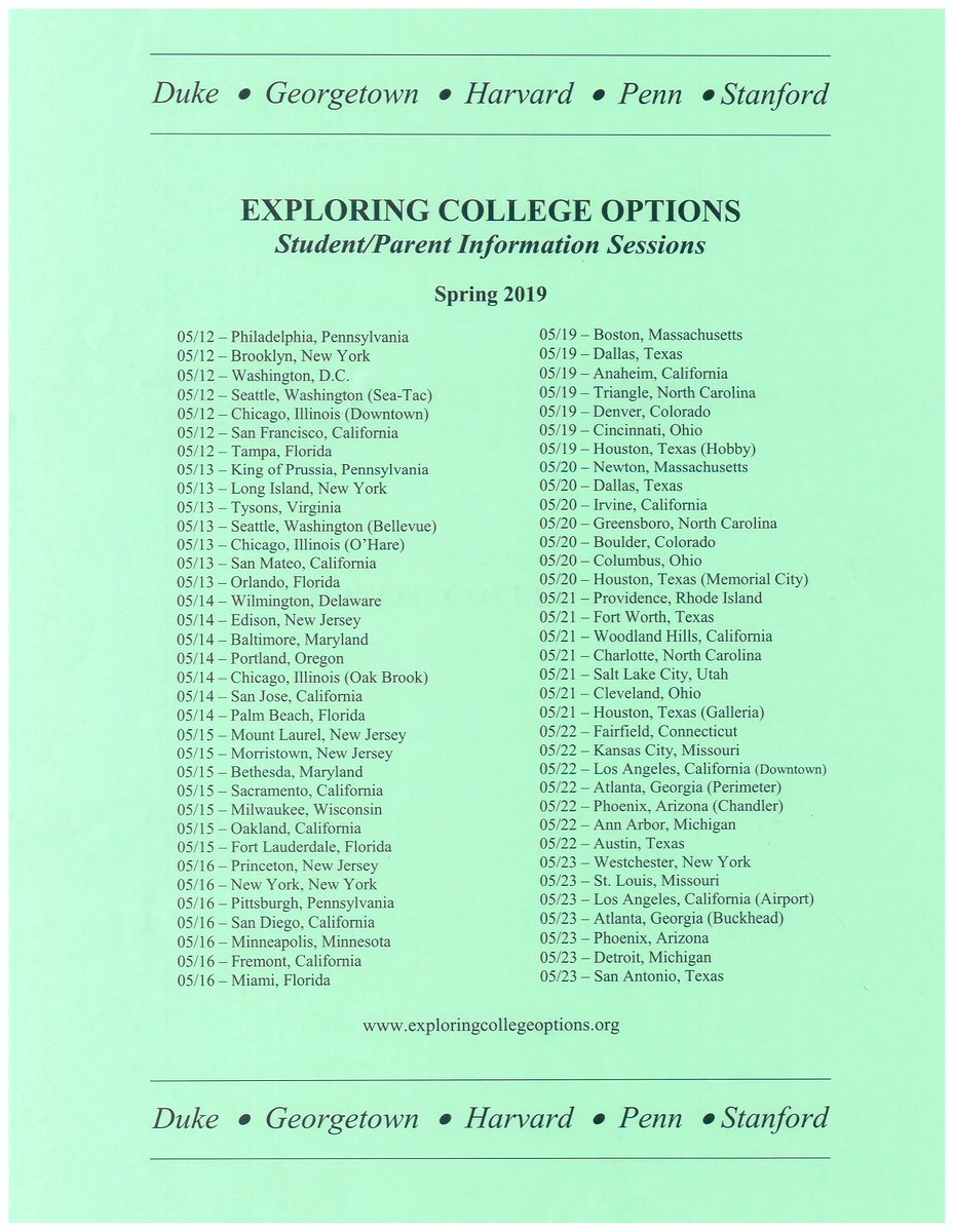 LHSCollege's tweet photo. Interested in Duke, Georgetown, Harvard, UPenn, or Stanford? Exploring College Options is offering a student/parent program on May 23rd that describes the schools and provides information about selection practices, financial aid, etc.  See flyers for more information. https://t.co/1qacQtDqDK