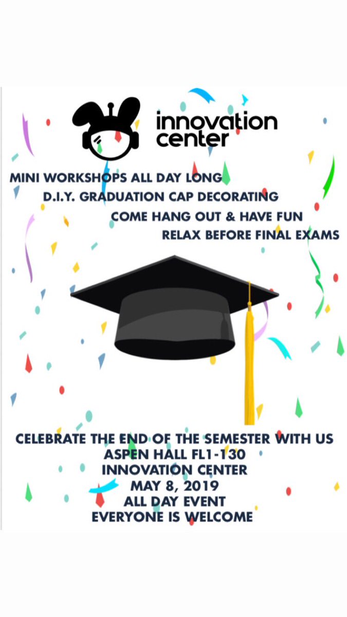 flcmakerspace's tweet photo. Come decorate your graduation cap this Wednesday. Let’s end this semester with some awesome creativity. We’re going to have fun activities planned all day long. Please be sure to drop by!
#FLCMakerspace #CCCMaker https://t.co/56p6nqtRg7