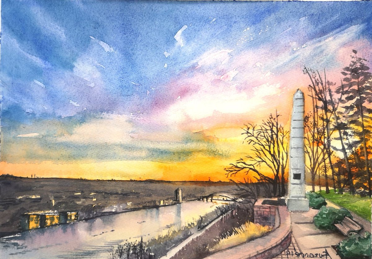 SuzanneAbraham7's tweet photo. Painting from a photograph taken by my friend, @FoxyArchitect  #watetcolourlandscape #aquarelle #watercolorpainting #sunset #river #city #park #cincinnati
#processvideo coming soon! https://t.co/Fft4b1FrQj