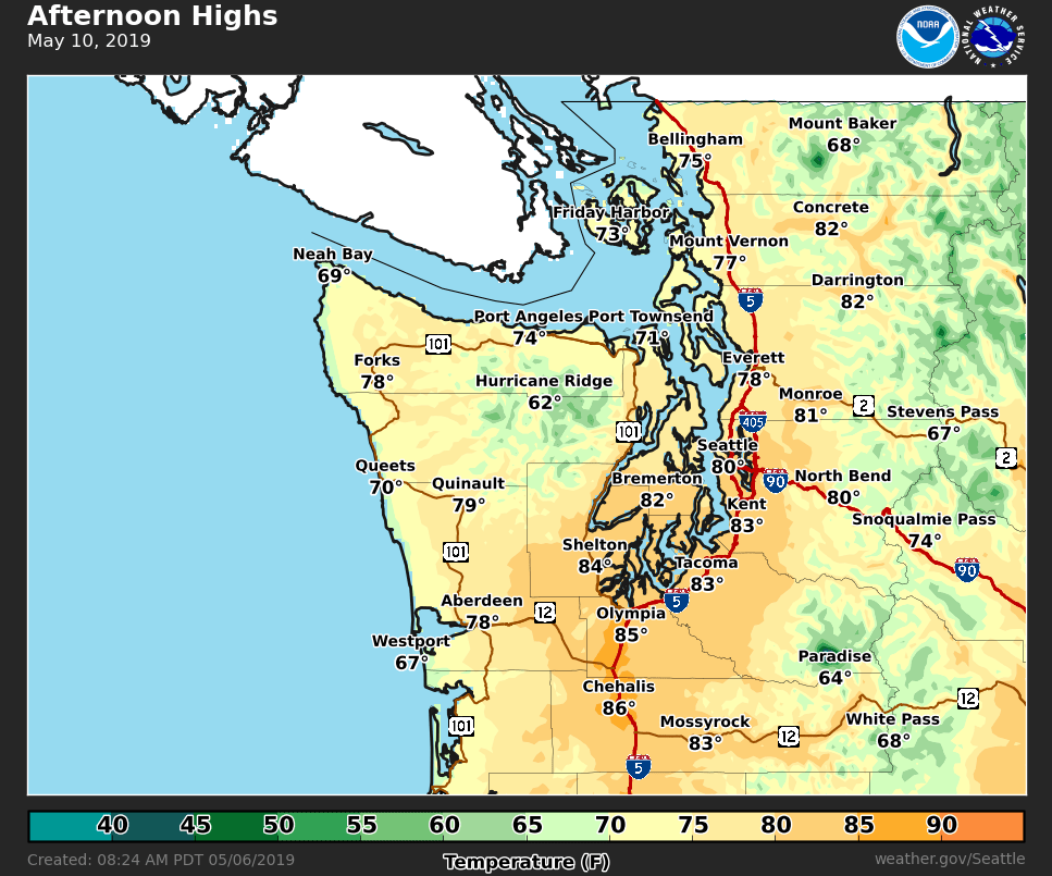 NWSSeattle's tweet photo. Currently, Friday is forecast to be the warmest day this week.  Here is an image of the high temperatures forecast for Friday. https://t.co/IWT46agMyd