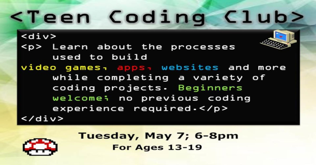 MonroeTeensNJ's tweet photo. Tomorrow night at the library! Come learn how to program a simple video game. Sign up at the reference desk or call 856-629-1212 ext 206. https://t.co/0mDdQuq1aH