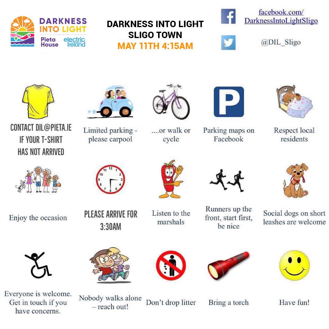 DIL_Sligo's tweet photo. Darkness Into Light Sligo🌅

We want everyone to have a lovely morning. We get a lot of questions in the days leading up to DIL and most can be answered below 😀

» FAQ: https://t.co/MwYDZp2nVF

» The Route: https://t.co/i8LBvzaHEe

» Register: https://t.co/psxIl6W0Lq
#DIL2019 https://t.co/Hfv0IOJPjO