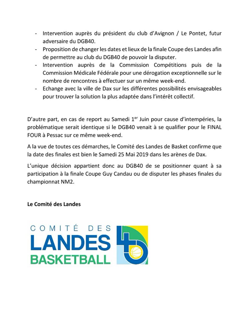🏀 COMMUNIQUÉ DE PRESSE 🏆

Vous retrouverez ci-dessous le communiqué transmit à la presse ce matin 

#BASKET40