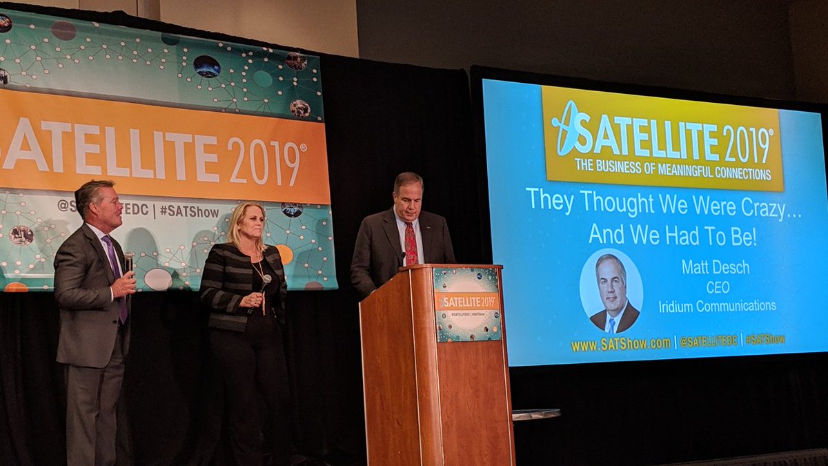 IridiumComm's tweet photo. Iridium CEO Matt Desch (@iridiumboss), COO Suzi McBride (@bridesuzi) and CFO Tom Fitzpatrick are on stage in room 145! @satellitedc #satshow https://t.co/0fy7qGlM1u