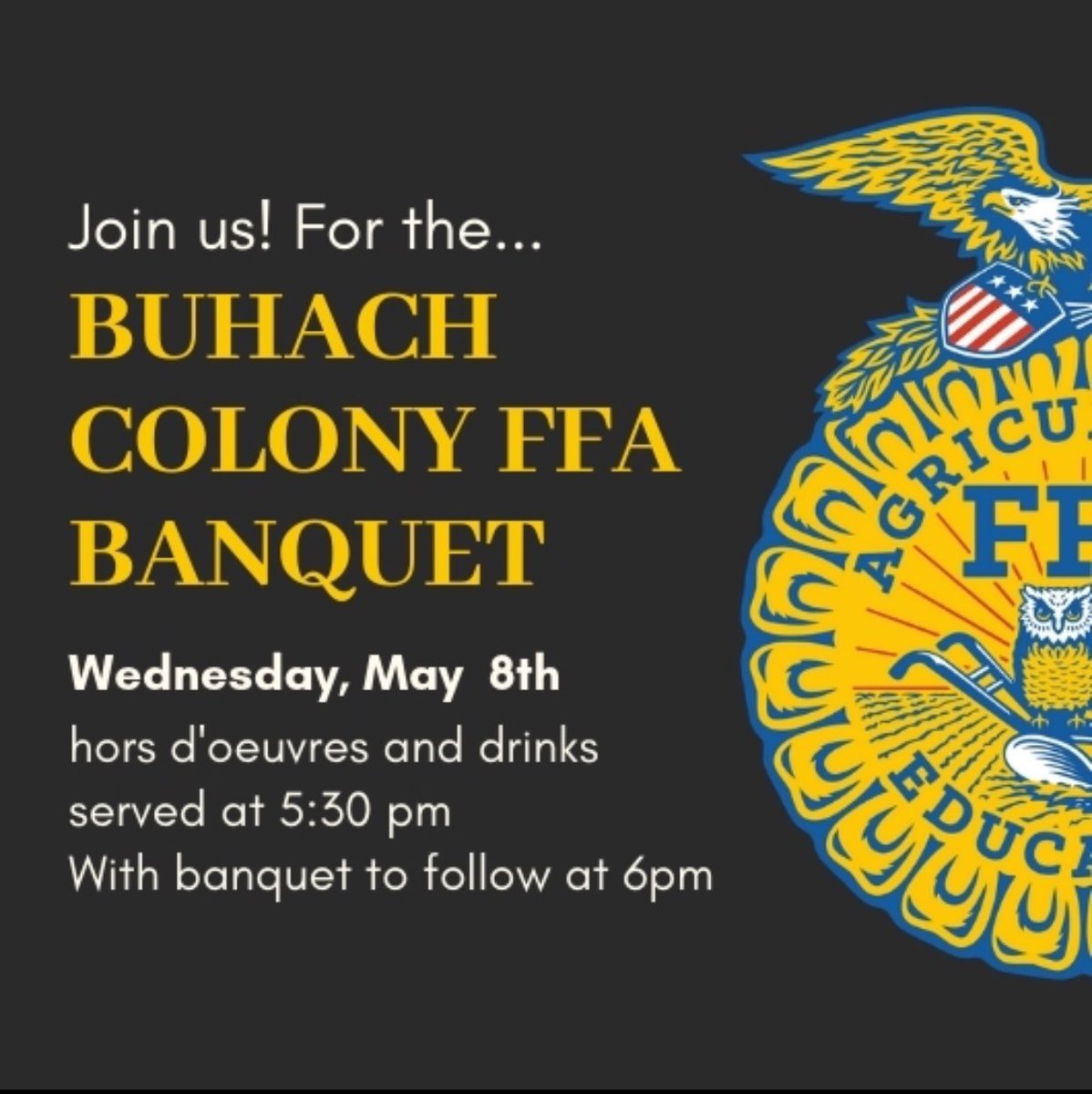 bchsffa's tweet photo. Join us for our end of the year Banquet this Wednesday in the theatre! We will be recognizing all of our achievements throughout this past year. Members who still need an activity point, this is your last chance for this semester! #transformingvisionsintoreality #bcffa https://t.co/9uVCi5czw7