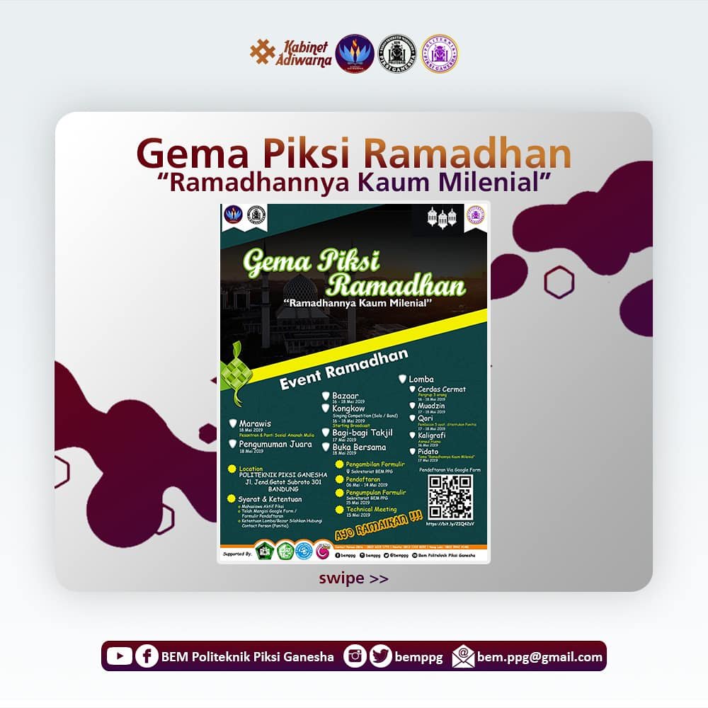 Assalamualaikum wr wb
Hallo Guys ! 👋🏻 📢📢 Badan Eksekutif Mahasiswa Proudly Present : "Gema Piksi Ramadhan 2019".

Ayo meriahkan Gema Piksi Ramadhan 2019 Politeknik Piksi Ganesha ini dan dapatkan hadiah menariknya.

#KabinetAdiwarna
#BEMPoliteknikPiksiGanesha