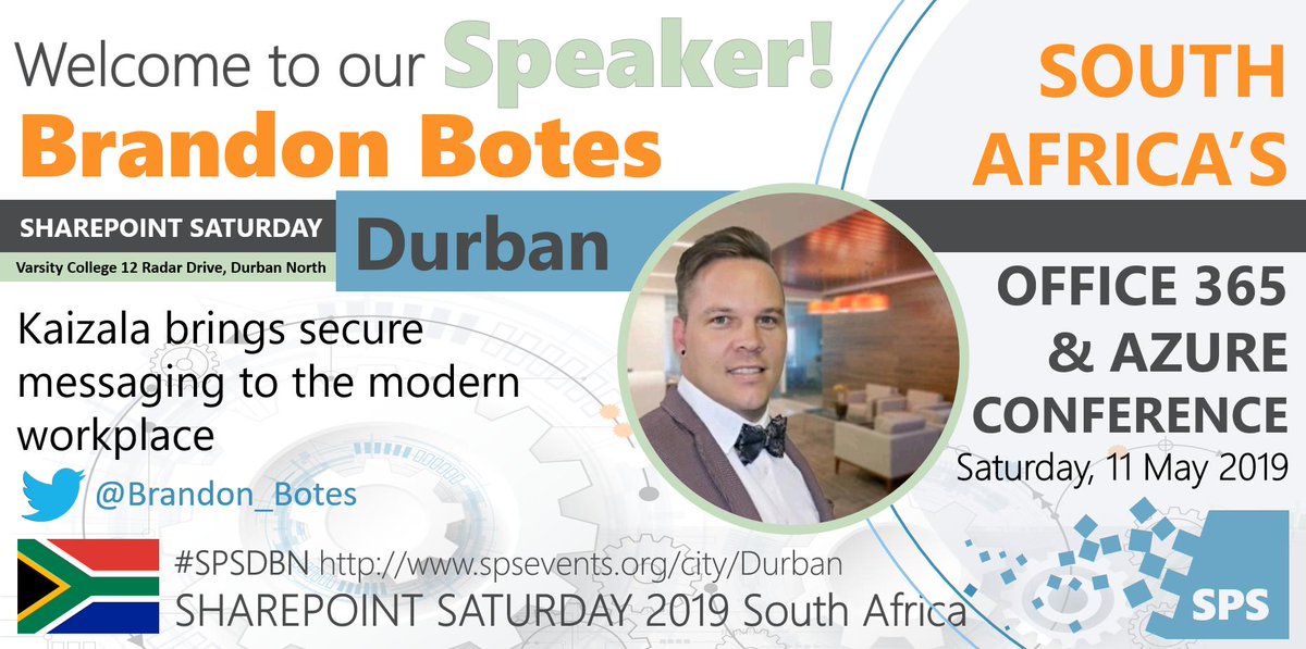 tracyvds's tweet image. Welcoming @brandon_botes as speaker at #SPSDBN #SharePoint Saturday Durban on 11 May. Session: #Kaizala brings secure messaging to the modern workplace.  TAKE NOTE OF CHANGE OF VENUE: Varsity College 12 Radar Drive, Durban North. See you there!!