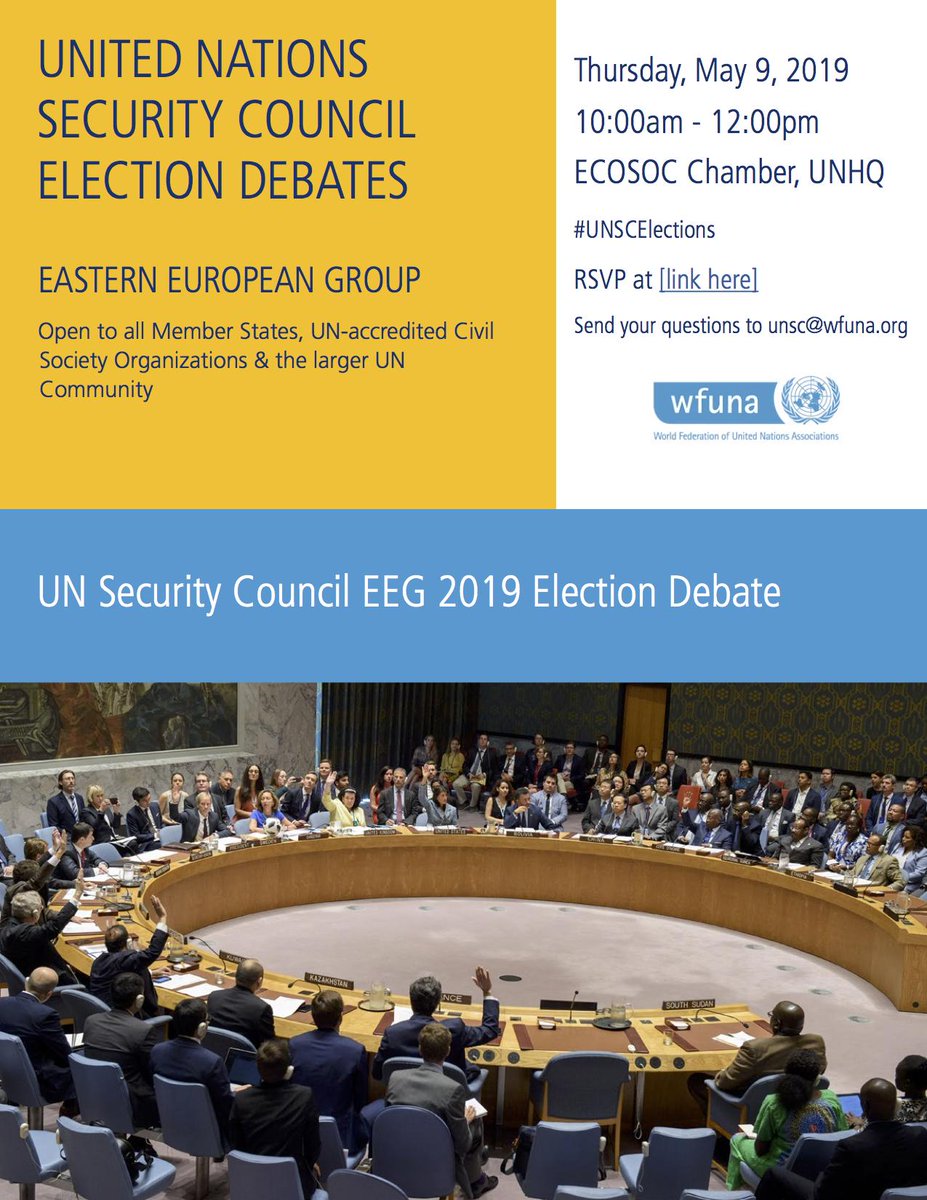 3 days until the #UNSCElections Debate! 

On 9th of May <a href="/WFUNA/">WFUNA</a> is hosting the #UNSCElections Debate for a non-permanent seat on the UN Security Council (2020-2021). Join in!
 
Sign up and ask a question: bit.ly/2WdEQAv
Watch online: webtv.un.org