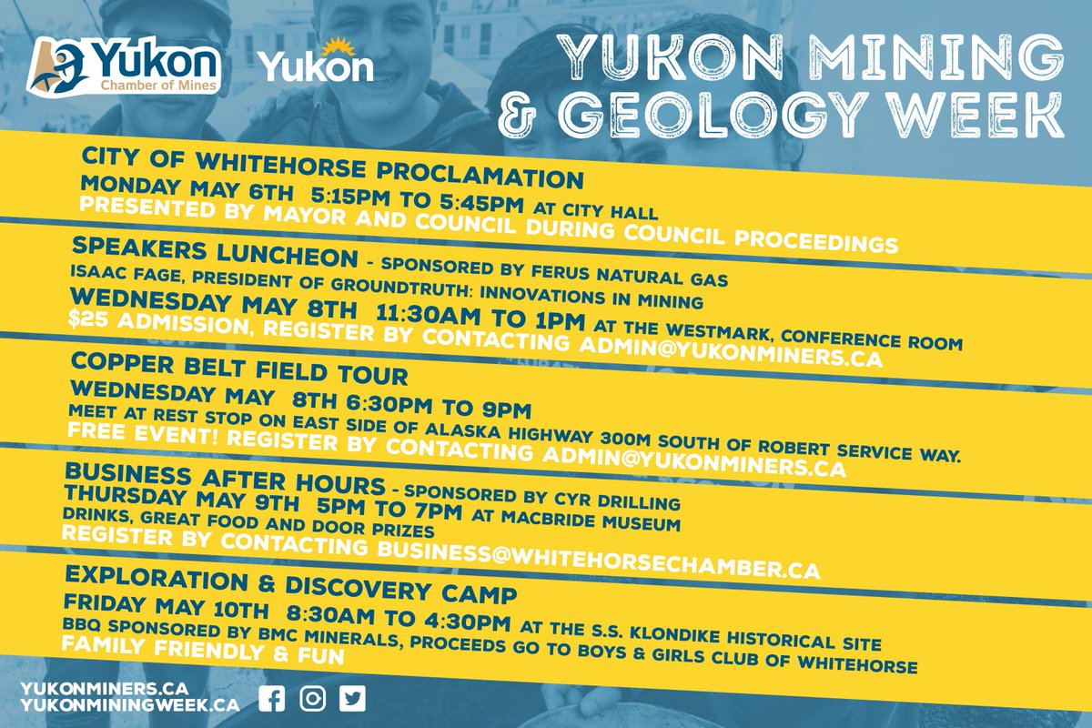 YukonMiners's tweet photo. Its #YukonMiningWeek! The @YukonMiners has a whole host of events going on all week long! Check out the schedule below for times, and contact admin@yukonminers.ca for details! https://t.co/J53tFZJ7Of