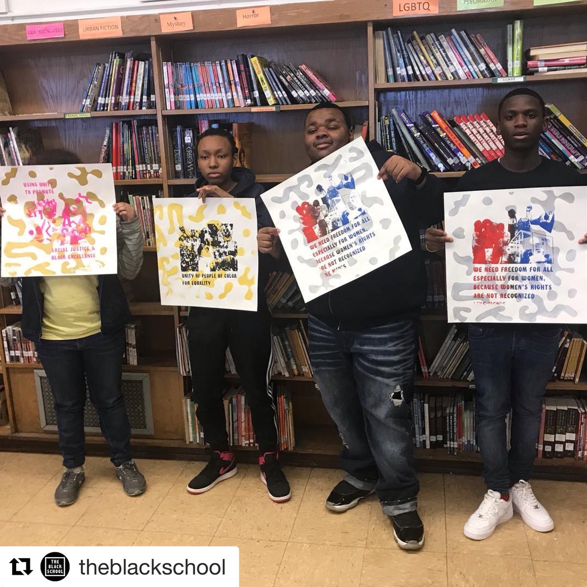 bcamhs's tweet photo. So grateful to partner with #theblackschool on this amazing project around social media and racial justice. Students designed their own social media campaigns around a specific social and racial justice issue that is relevant to them #BCAMhs #art #education #racialjustice #equity https://t.co/nJSM2qHCG9