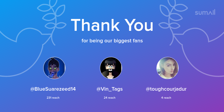 Our biggest fans this week: BlueSuarezeed14, Vin_Tags, toughcourjadur. Thank you! via sumall.com/thankyou?utm_s…