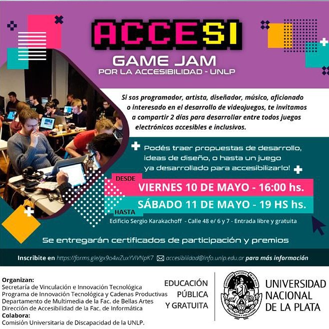 👉Vení a participar a "AcceSí: la Game Jam por la Accesibilidad😃💻

📅 Será desde el viernes 10 de mayo a las 16 hs. hasta el sábado 11 de mayo a las 18 hs. 
🏫Edificio Sergio Karakachoff, ubicado en calle 48 e/ 6 y 7.

📝Incripciones: forms.gle/gx9o4wZuxYViVN…