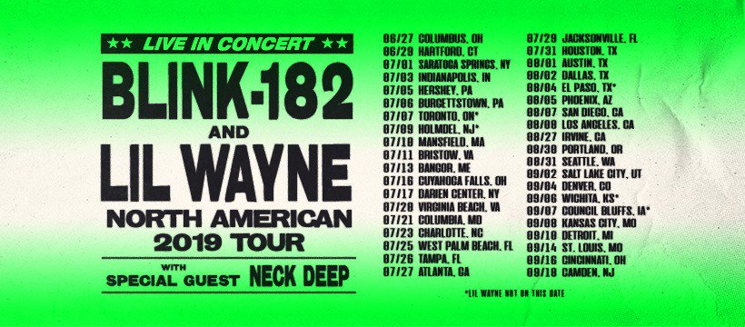 NeckDeepUK's tweet photo. This is really, truly a thing that is happening.  

Never thought we'd get to say this: WE ARE DOING AN ARENA TOUR IN THE U.S ALL SUMMER LONG WITH @blink182 &amp; @LilTunechi

Tickets &amp; info: https://t.co/yNQ6uDOyo9 https://t.co/IFAsANUtpF