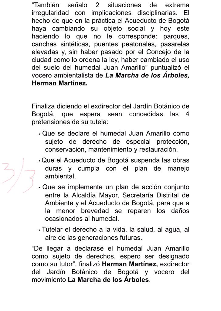 Hemos radicado tutela para evitar la destrucción total del Humedal Juan Amarillo. Le pedimos al juez liquidar los contratos, demoler las obras y reparar los daños en el cuerpo de agua y se declare el humedal sujeto de derechos @RamsarConv  @martharojasu1 @MinAmbienteCo