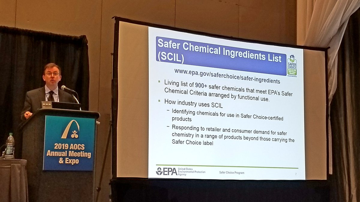 CleanInstitute's tweet photo. At #AOCS2019, there is a living list of 900+ safer chemicals that meet EPA's safer chemical criteria arranged by functional use, as part of #SaferChoice Safer Chemical Ingredient List. https://t.co/nYlPm366c4