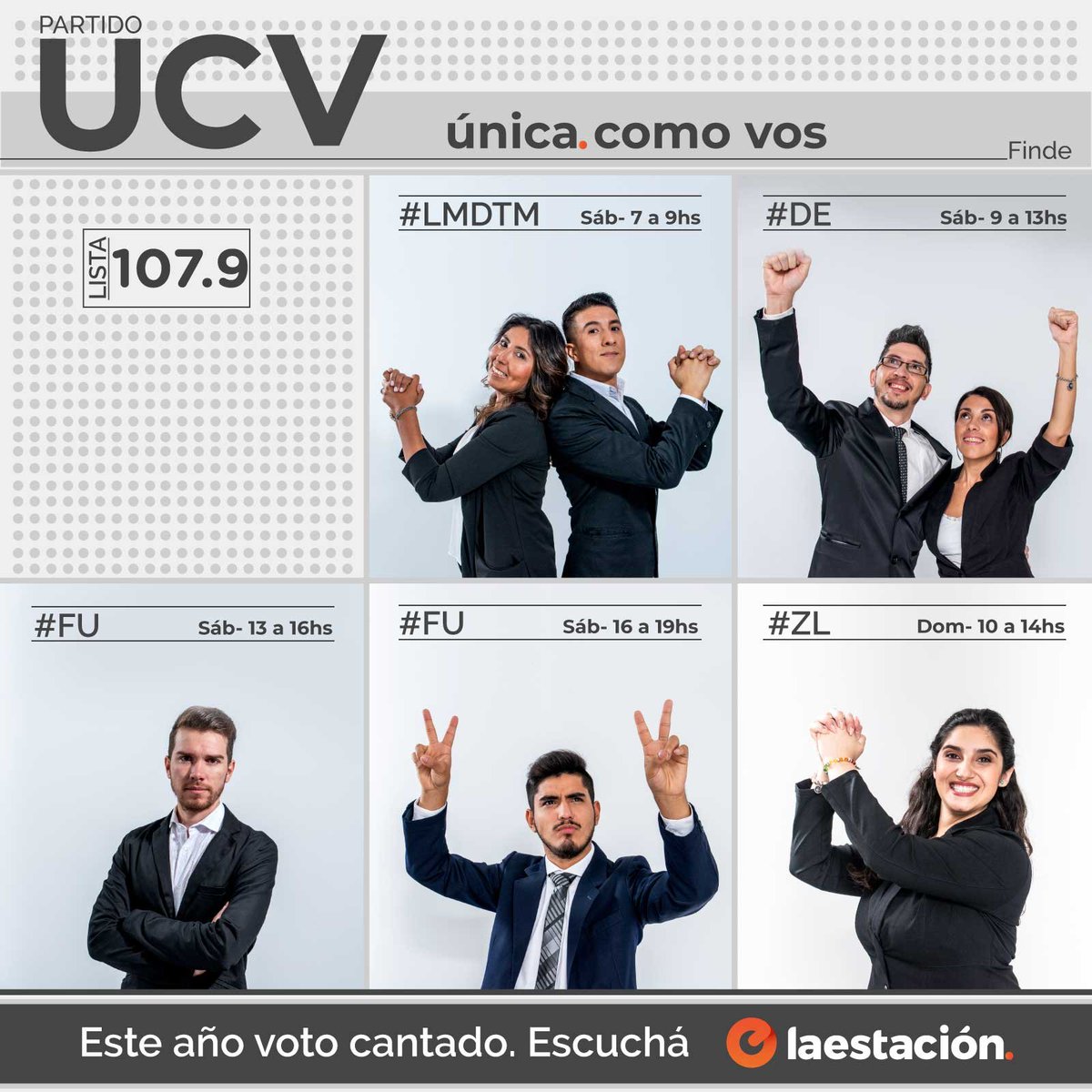 LaEstacionFM's tweet photo. [PARTIDO UCV] Atentos que el finde también llega con nuevas propuestas...#YoVotoLaEstación

@martinhcouto @mermorenook @carobezchian @soydiegoveron 
#AndyVarg @NNachoMirandaok @GabiiAlvaarez 

#PartidoUCV #Lista1079 #ÚnicaComoVos #Finde #LMDTM #DE #FU #FU #ZL https://t.co/aWrOM5bBD2