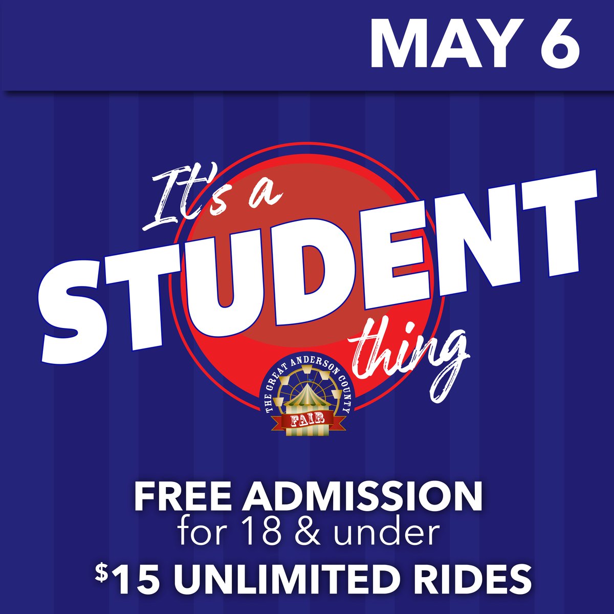 AndersonFair's tweet image. Student Day! 18 &amp;amp; Under Admitted FREE with Pay One Price Rides at $15 for Unlimited Rides. #promotime #itsafairthing