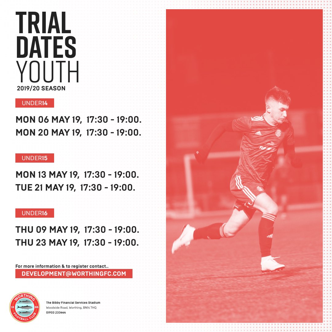 💬 “A good first turn out for the <a href="/WorthingFC/">Worthing FC</a> #UNDER14’s trials. Some great local talent on show. Looking forward to our next trial on Monday 20th of May!”

- <a href="/AarranRacine/">Aarran Racine</a> 

#WFC #ProvidingThePathway