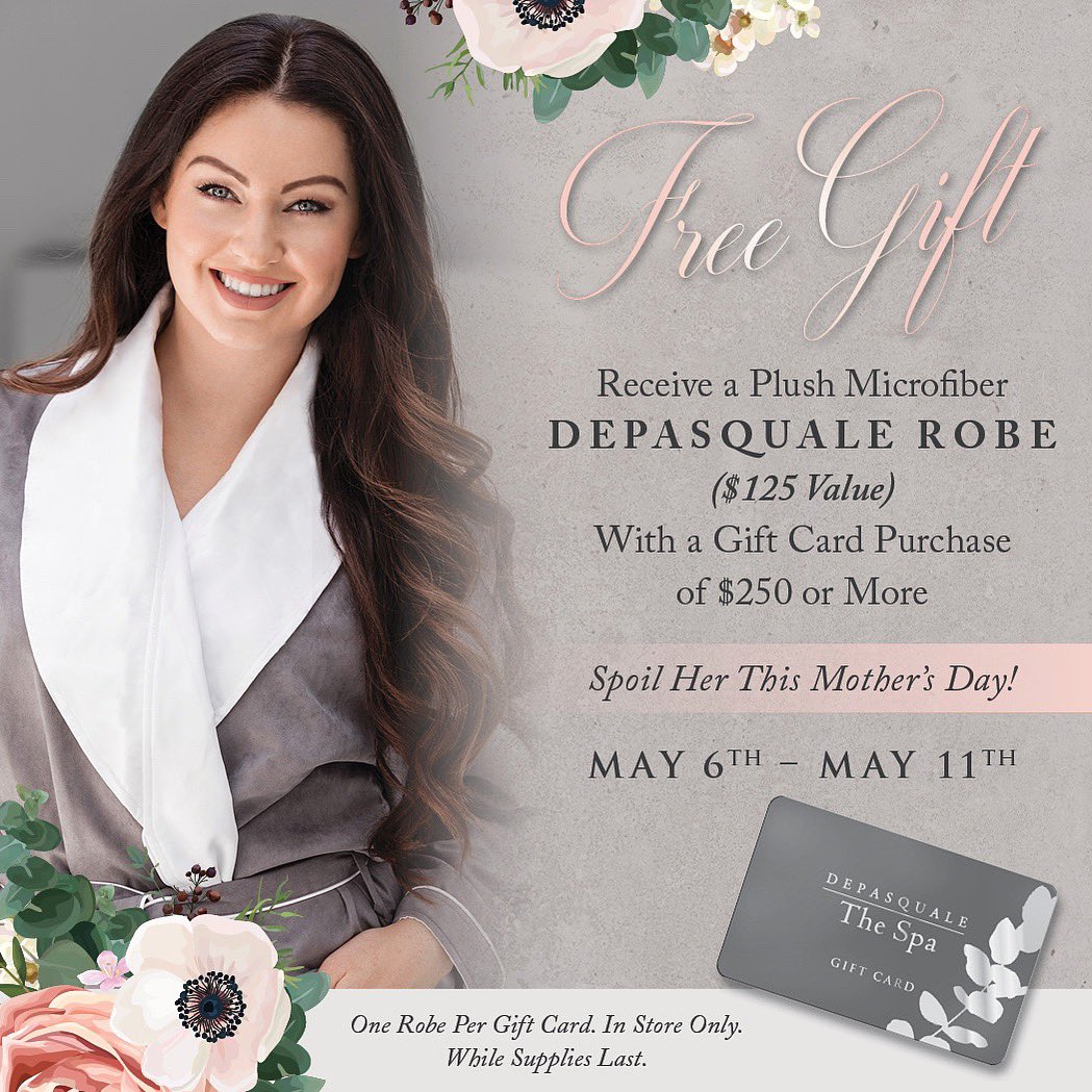 DePasqualeSpa's tweet photo. Spoil Her This Mother’s Day! 💕
🌸 May 6th - May 11th 🌸
Receive a Plush Microfiber DePasquale Robe When You Purchase a Gift Card of $250 or More! 
.
.
.
#mothersday #mothersday2019 #mothersday2k19 #mothers #mother #mom #mothersdaygift #mothersdaygifts #mothersdayshopping https://t.co/9E6QuuEjQz