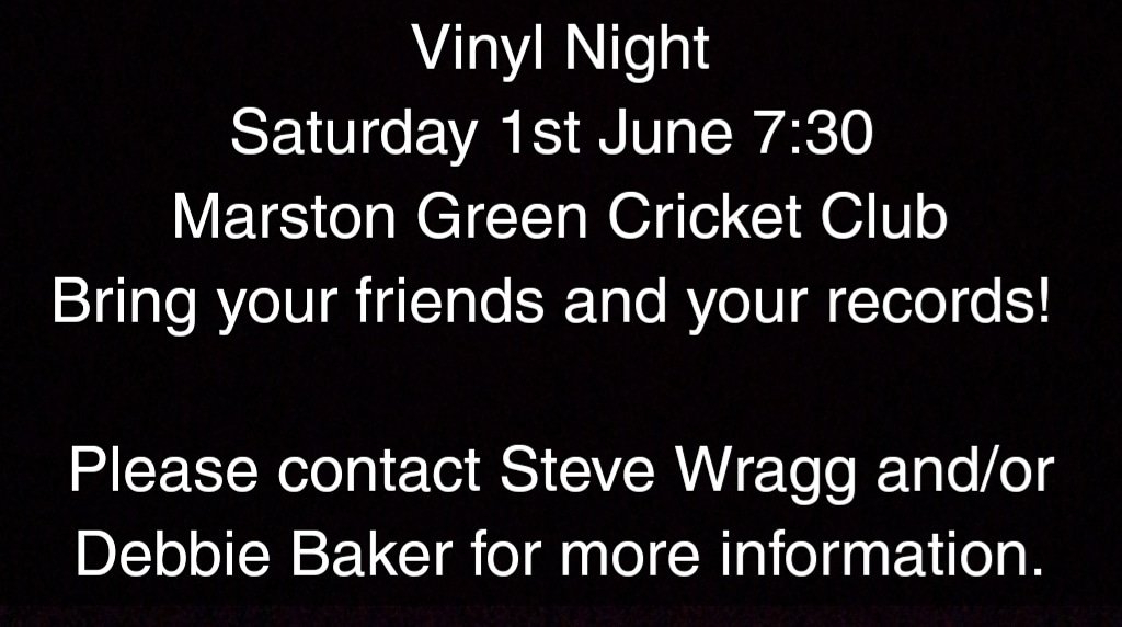 MarstonGreenCC's tweet photo. Bring your friends and your records! 

Please contact Steve Wragg and/or Debbie Baker for more information. https://t.co/UYY1Jt9Y6z