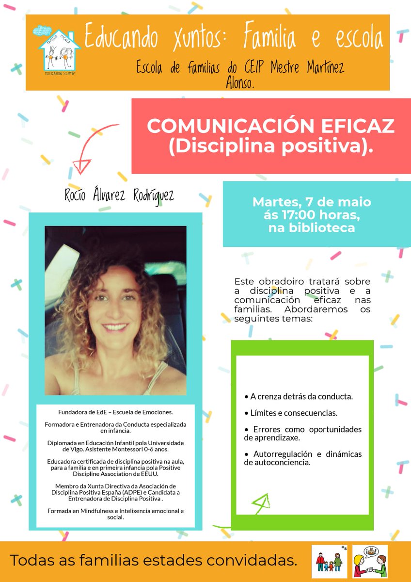 CEIPMMA's tweet photo. Mañá voltamos coa nosa Escola para familias #EducandoXuntos, cunha importantísima cita con Rocío Álvarez Rodríguez, que nos axudará a manter unha comunicación eficaz cos nenxs, dende o punto de vista da disciplina positiva. https://t.co/oM1LLA3Tr1