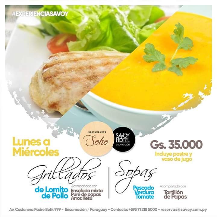 Enc_SavoyHotel's tweet photo. Almorzá en el Restaurante Soho del Savoy Hotel, con nuestro Menú Ejecutivo.

Lun a Mié: Grillados De Lomito, Pollo

Acompañado con Ensalada mixta, Puré de papas, Arroz Kesú

Sopas De Pescado, Pollo, Verduras

Acompañado con Tortillón, de Papas

Gs. 35.000 por Persona https://t.co/ZzjACezxFt