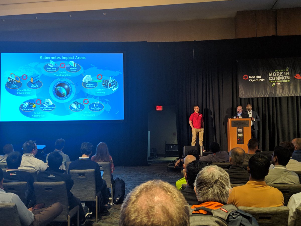 Chuckernetes's tweet photo. Very cool story on how the @NGA_GEOINT builds next gen apps on @openshift achieving continuous and rapid ATOs. #Kubernetes #RHSummit @openshiftcommon https://t.co/9jOQ7Ow537