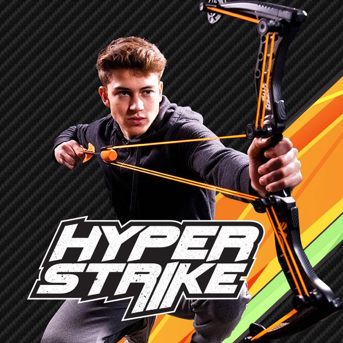 Hyperstrikebow's tweet photo. Introducing HyperStrike, a breakthrough in backyard battle. With its patented loop-and-launch technology, this bow can launch whistle arrows over 250ft! 
Now available at Target in orange carbon, green camo, and blue!

#HyperStrike https://t.co/kT26d4DoJ0