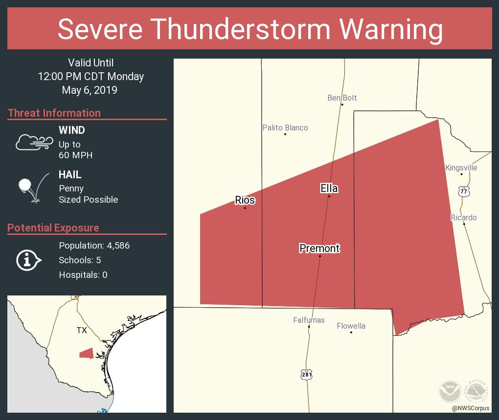 Severe Thunderstorm Warning continues for Premont TX, Rios TX, Ella TX
