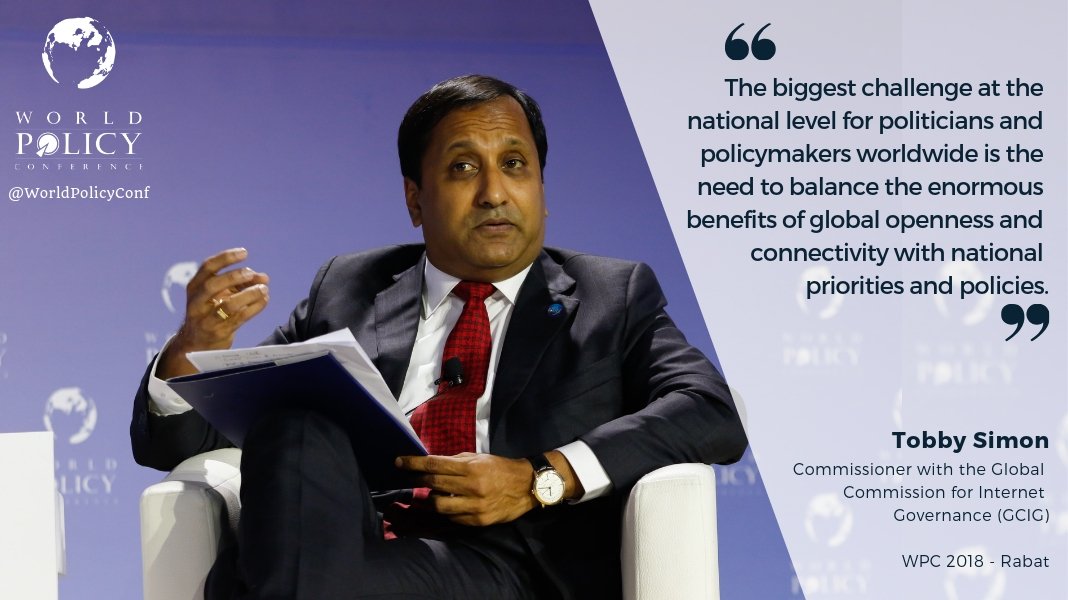 WorldPolicyConf's tweet photo. @TobbySimon, Commissioner with the Global Commission for Internet Governance (#GCIG) participated to the 15th session of the #WPC2018 on the impacts of a #ConnnectedWorld and the need for an #internet #governance. Read his full speech online: https://t.co/qHiTax5kkg https://t.co/CtX0GRgMpc