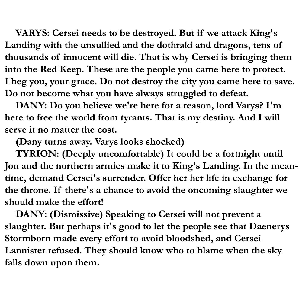 I really need to talk about a scene from last night's episode of Game of Thrones. This is one of the most shocking pieces of dialogue that the show has ever offered up. I'm talking about Dany's willingnes to commit genocide: