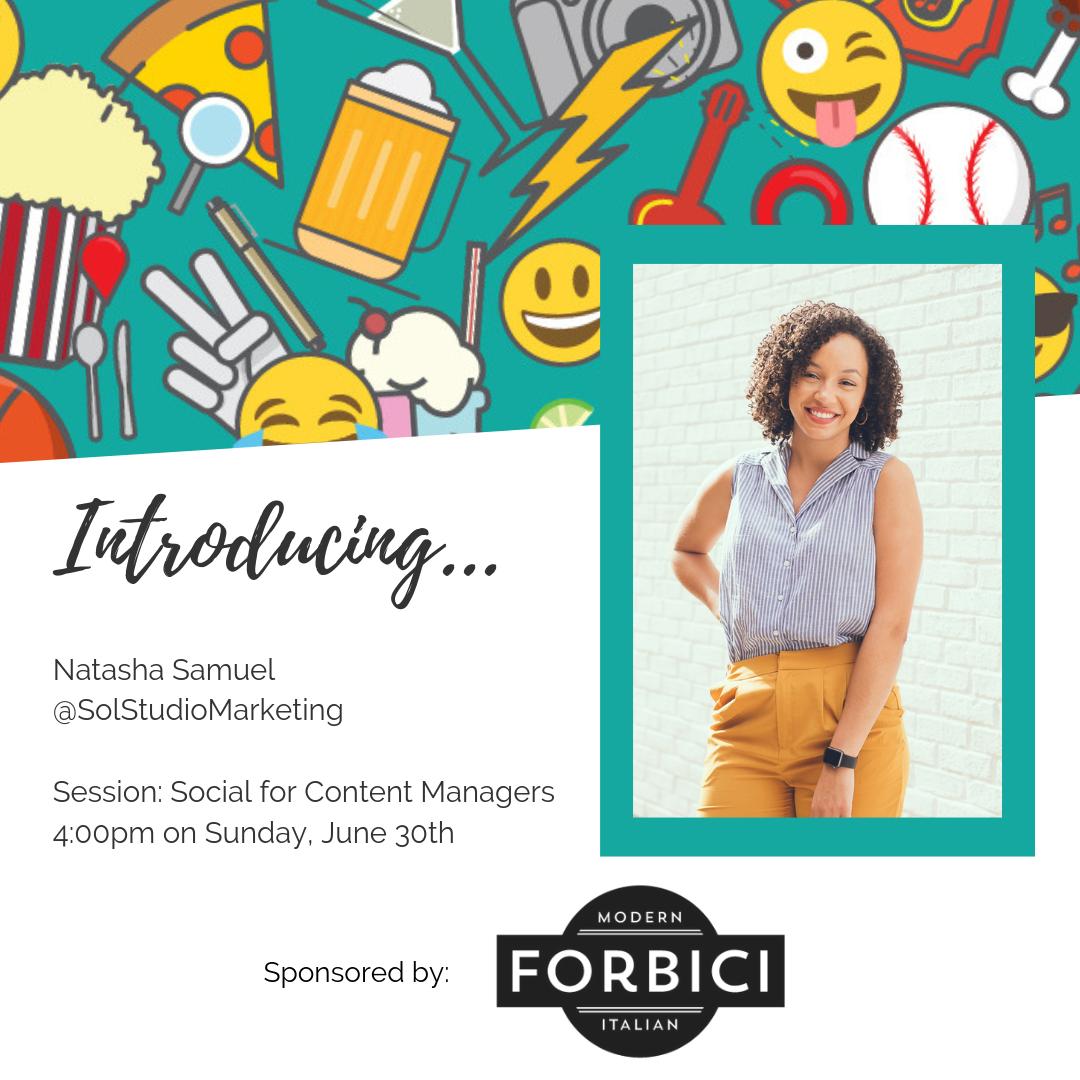 SMDayTampaBay's tweet photo. SPEAKER ANNOUNCEMENT!
We are excited to welcome Natasha Samuel from Sol Studio Marketing as our speaker for the 4pm session on June 30th. She will be speaking about Social for Content Managers. Welcome Natasha! #SMDayTampaBay https://t.co/Lu8fx8yAhm