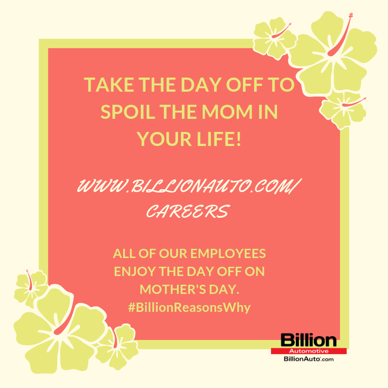 Make your mom proud this Mother's Day by applying for one of our careers!

You'll never miss spending a Mother's day with her!  We ensure our employees always have this day off 😀

Apply at ow.ly/vqda50u0ecx

#BillionReasonsWhy #Careers #MothersDay #Hiring #Billion